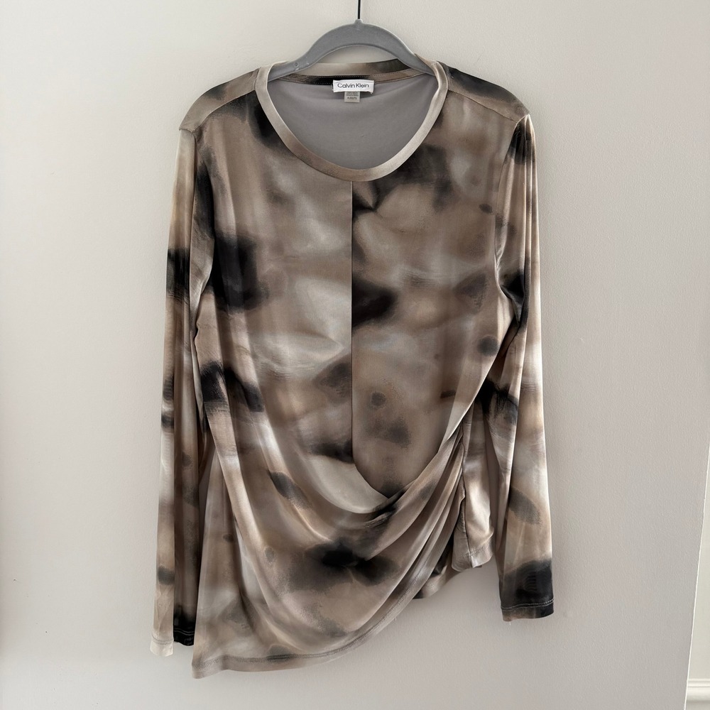 Calvin Klein Abstract Mesh Draped Asymmetrical Long Sleeve Top Tan Grey XL Moody